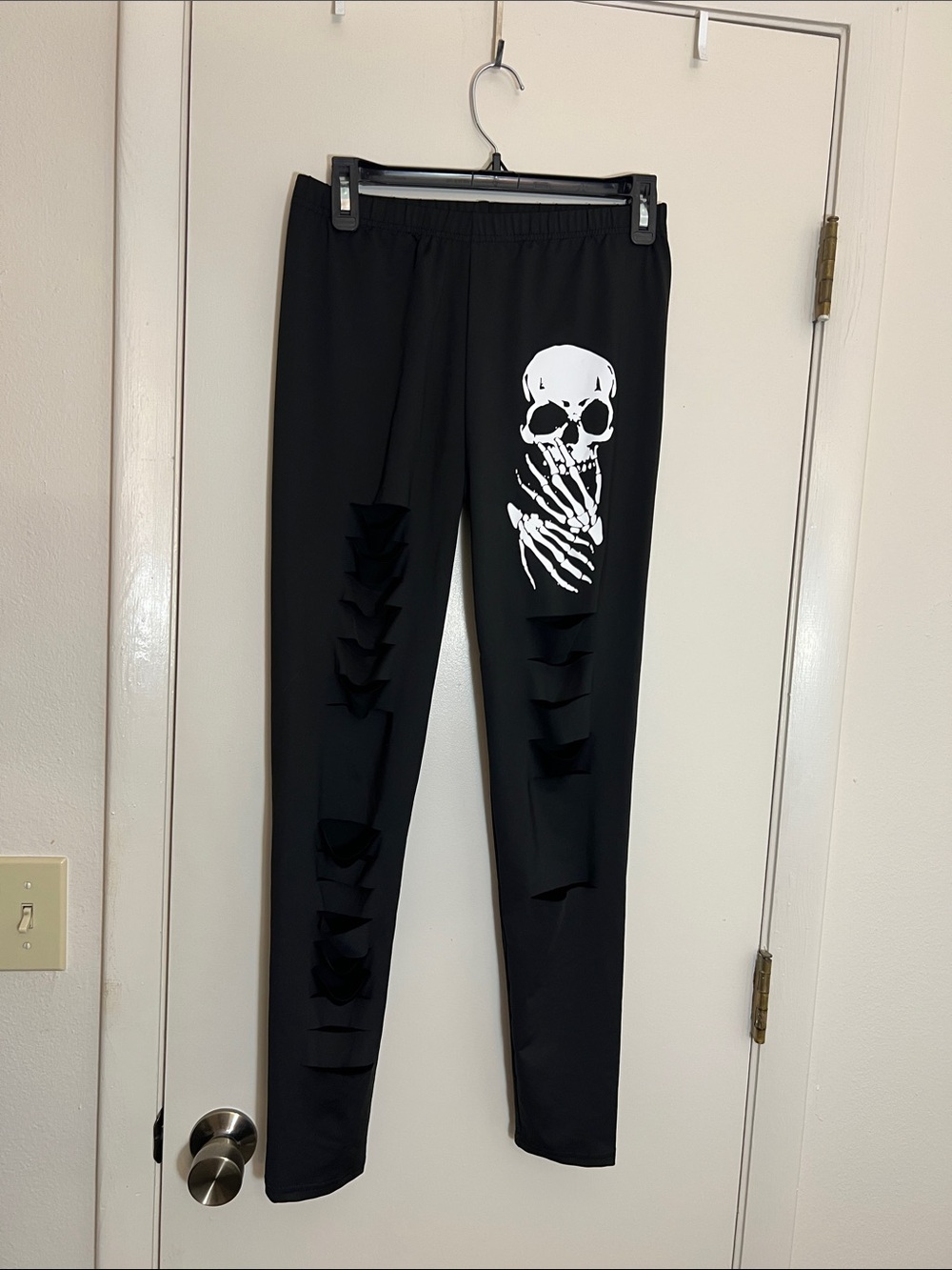 Black Leggings with White Skull Print and Distressed Slits